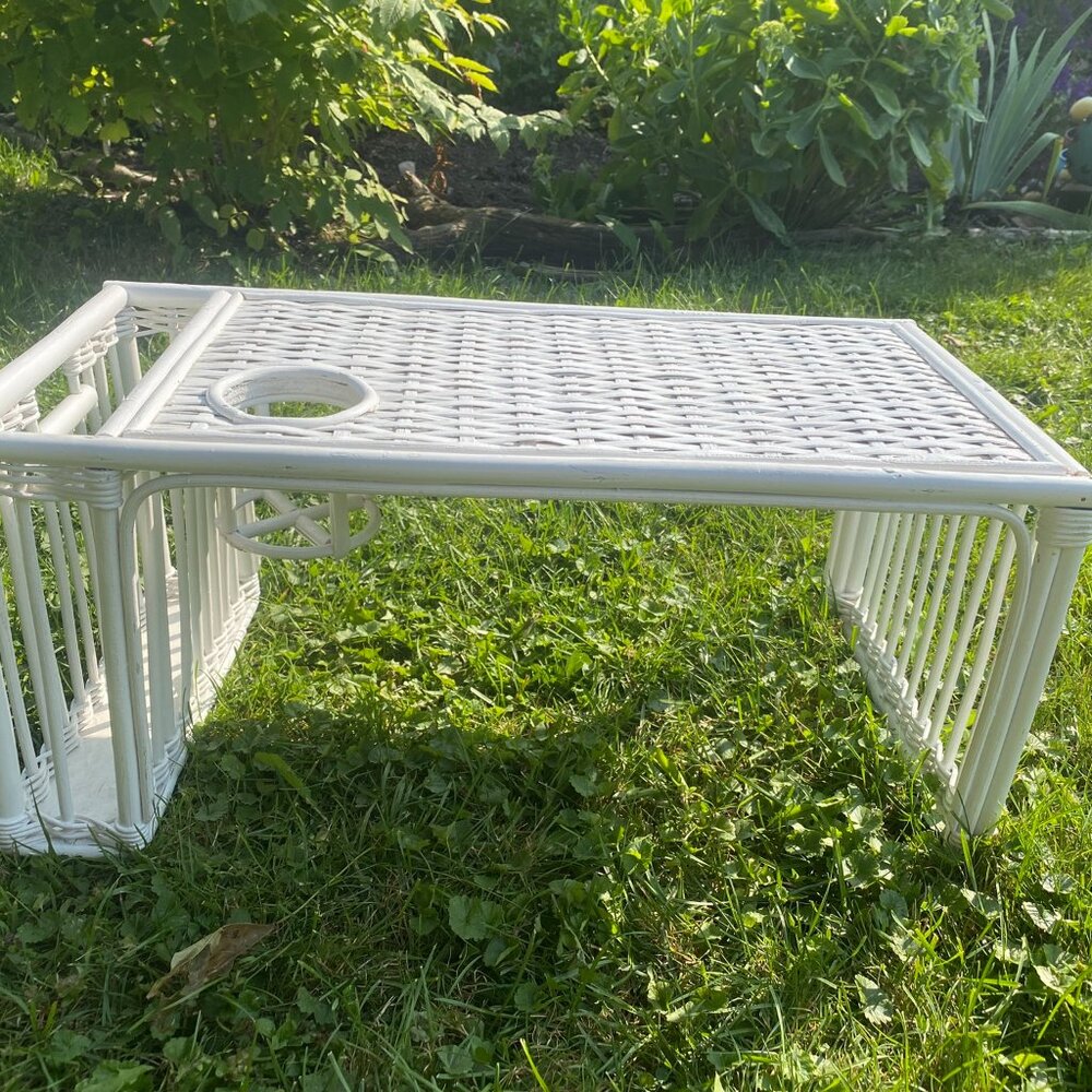 39-(VHD) Vintage Rattan Wicker. Bed Table.